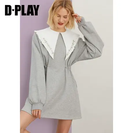 DPLAY德帕拉秋装休闲甜美娃娃领拼接灰色加绒卫衣连衣裙图片