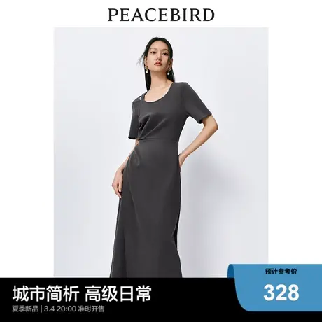 太平鸟女装圆领假两件连衣裙2025夏季新款抽褶收腰T恤裙时尚长裙图片