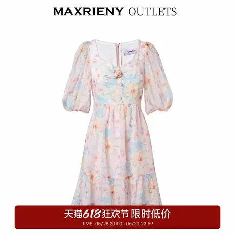 【奥莱】MAXRIENY日落橙花连衣裙复古仙美雪纺裙泡泡袖连衣裙图片