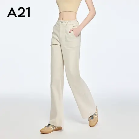 A21女装口袋微弹休闲裤简约宽松显瘦长裤设计感阔腿裤图片