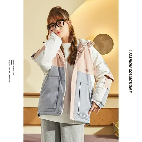 [商场同款]唐狮冬季羽绒服女连帽三色拼接工装长羽绒服休闲时尚图片