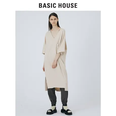 Basic House/百家好2021秋季V领宽松长裙休闲开叉连衣裙HVOP521E图片