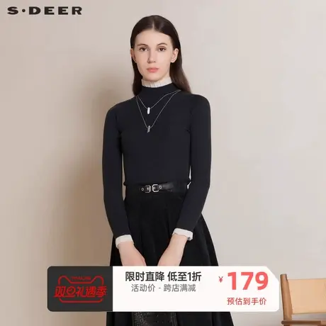 sdeer圣迪奥女装休闲圆领蕾丝拼接修身针织衫S21463516图片