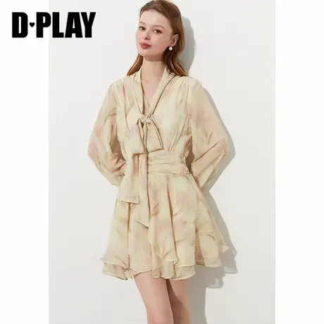 DPLAY2025年春季新款黄色连衣裙女法式荷叶边短款雪纺裙子长袖图片