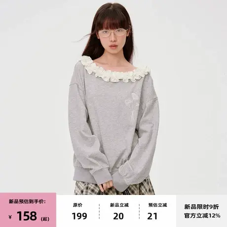 【7/08 20点新品9折】omont蛋挞家斜肩荷叶边宽松休闲卫衣上衣女图片