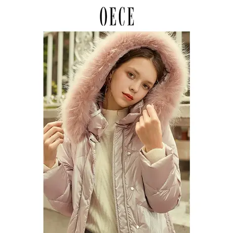 oece冬装新款 貉子大毛领羽绒服女中长款连帽加厚亮面冬图片