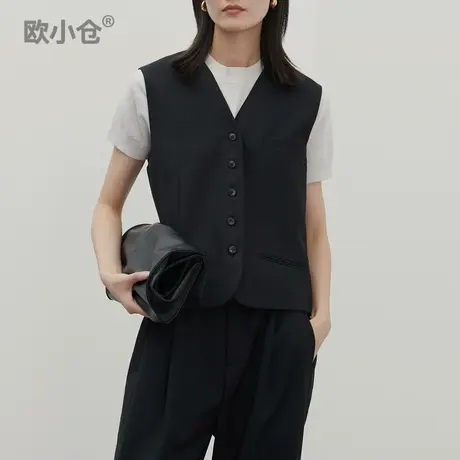 欧小仓咖系卡其色御姐范西服马夹设计感小众 律师V领羊毛西装马甲图片