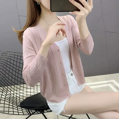 夏季女士七分袖短款薄款外搭冰丝针织防晒衫女V领透气开衫外套潮图片