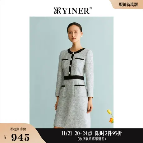 YINER音儿专选女装冬季收腰显瘦撞色圆领灰色连衣裙图片