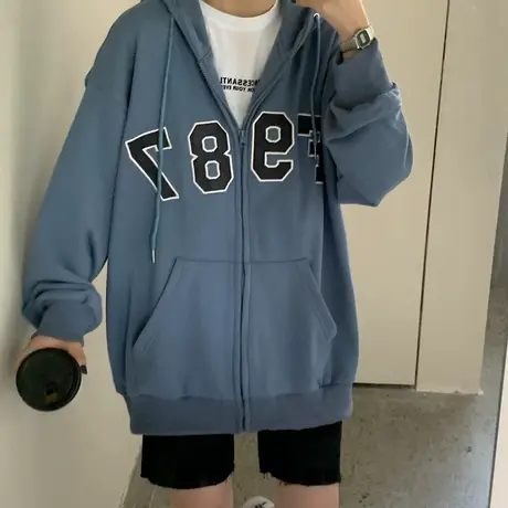 waitmore卫衣女2021秋冬宽松韩版bf慵懒风加绒加厚开衫外套潮ins图片