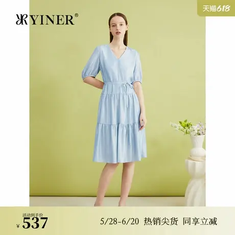 YINER音儿专选夏季法式优雅亮丝V领连衣裙假日湛蓝尼斯裙图片