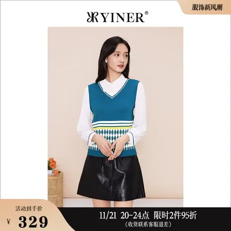 YINER音儿线上专选女装2023春季通勤撞色拼接假两件针织衫图片