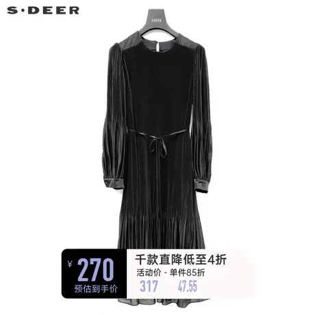 sdeer圣迪奥女装秋季圆领收腰压褶丝绒长袖连衣裙S223Z126E图片