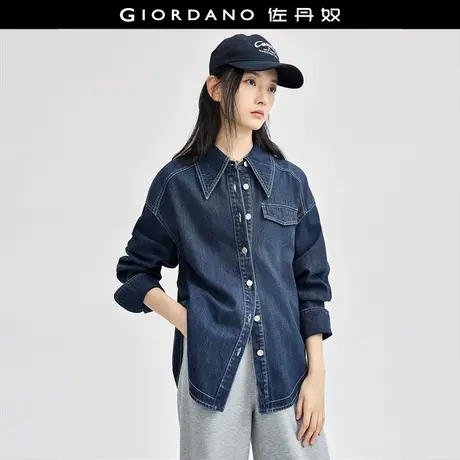 佐丹奴衬衫女装洗水撞色明线假口袋尖领长袖牛仔衬衫 18344619图片