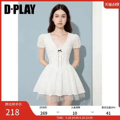 DPLAY2025年夏季新款白色V领泡泡袖收腰A字蕾丝连衣裙女短裙图片