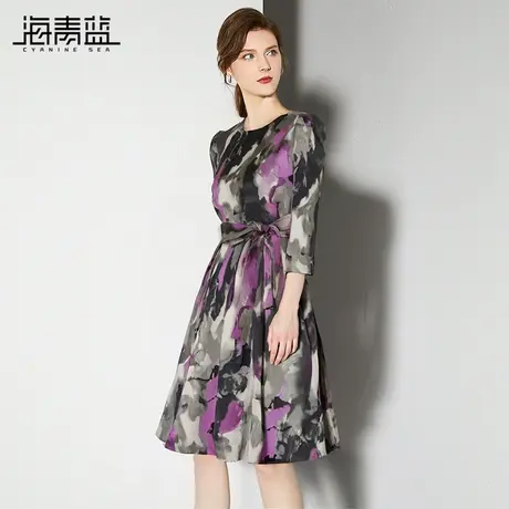 海青蓝高级感气质水墨印花连衣裙2024春秋新款系带收腰显瘦A字裙图片