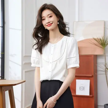 时尚气质短袖衬衫2023年夏季新款淑女温柔圆领宽松显瘦通勤上衣图片