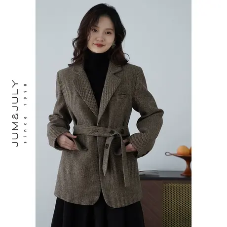 嘉茱莉2023秋冬新款格纹毛呢西装大衣女短款大衣小个子外套上衣图片