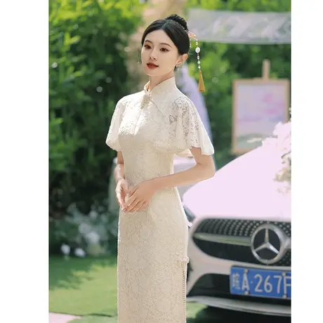 白色旗袍敬酒服新娘订婚小礼服连衣裙平时可穿领证登记小白裙蕾丝图片