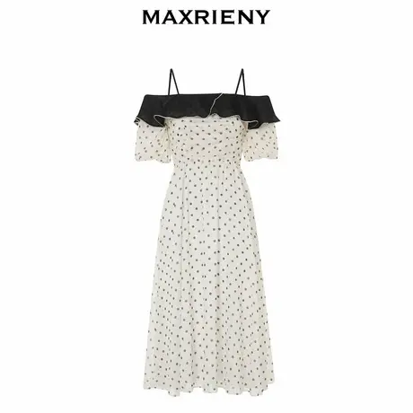 【奥莱】MAXRIENY法式波点撞色连衣裙复古一字肩露肩吊带裙子图片