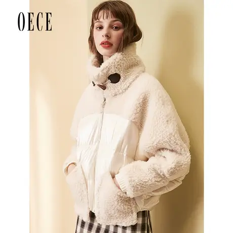 Oece冬新款女小个子羊羔毛短外套个性拼接短款羽绒服图片