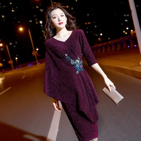 小晚礼服女2023新款紫色短款秋季婚宴高贵气质宴会年轻妈妈连衣裙图片