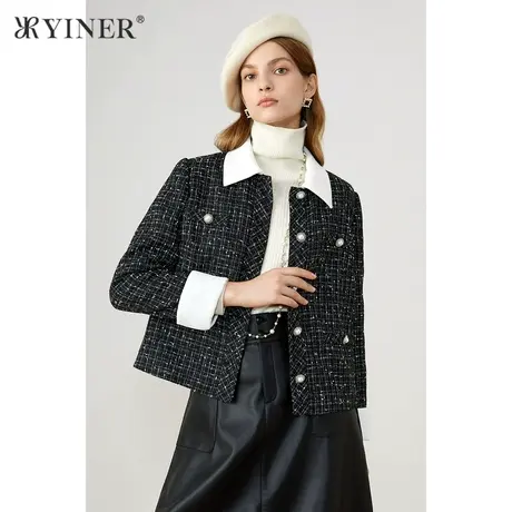 *YINER音儿奥莱女装秋季撞色翻领粗花呢短外套图片
