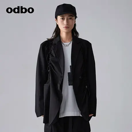 odbo/欧迪比欧时尚设计感黑色小西装外套女春季新款抽褶西服外套图片