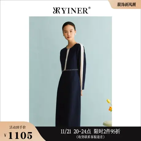 YINER音儿专选女装秋季优雅通勤撞色钉钻收腰连衣裙图片
