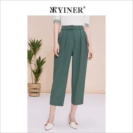 YINER音儿女装夏季职场百搭收褶休闲裤绿色裤子图片