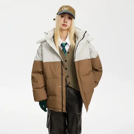 潮牌复古拼色连帽棉服女冬季2023新款加厚外套宽松面包服短款棉衣图片
