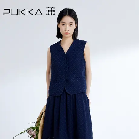 蒲PUKKA 文艺女装2024春夏新品亚麻印花V领显瘦无袖马甲背心商品大图