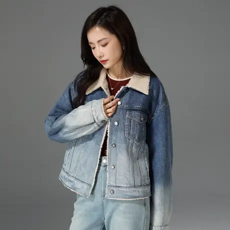 羊羔绒牛仔外套女2024新款秋冬复古翻领上衣宽松休闲夹克冬季加绒图片