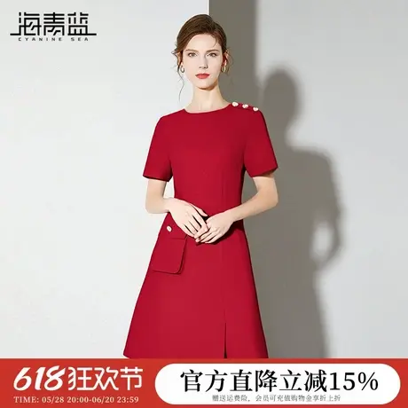 海青蓝 短袖裙子夏装女装2025新款设计感小众高端时尚红色连衣裙图片