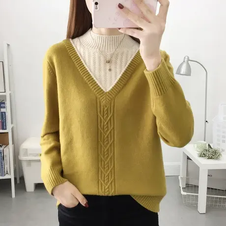 假两件毛衣女2023秋冬新款半高领加绒加厚针织打底衫外穿洋气百搭图片