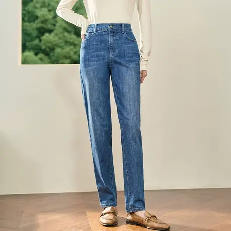 茵曼哈伦萝卜牛仔裤2023秋女装新款松紧高腰遮肉显瘦显腿长裤子图片