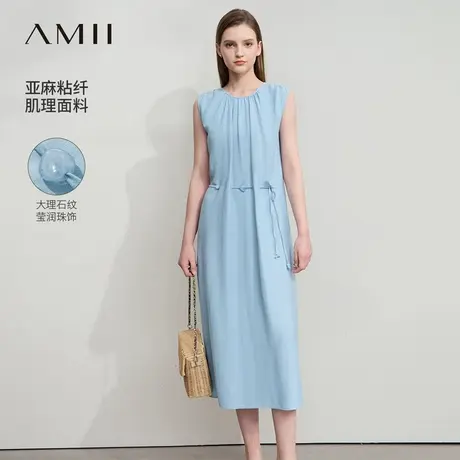 Amii2025夏新款度假风圆领无袖串珠绑带腰绳连衣裙女宽松亚麻裙子图片
