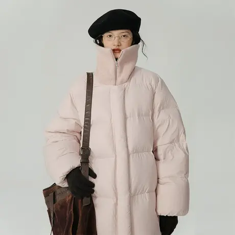 omont蛋挞家 针织领粉色羽绒服女冬季新款宽松软糯厚实面包服外套图片