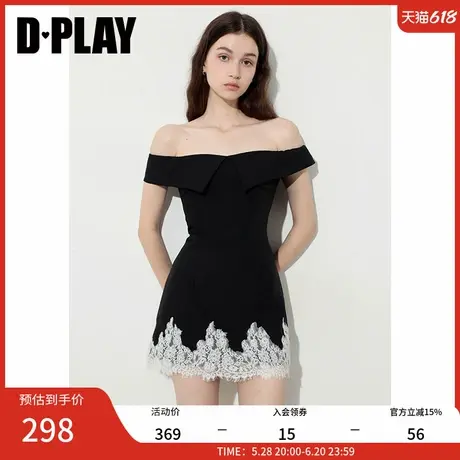 DPLAY2025年夏季新款黑色一字肩收腰连衣裙女蕾丝拼接气质短裙图片