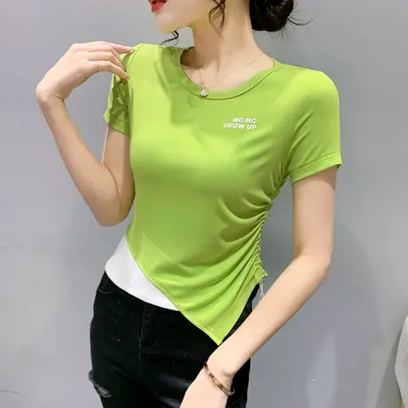 不规则假两件短袖T恤女欧货紧身高腰短款小衫设计感抽绳上衣夏装图片