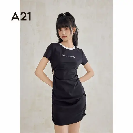 A21女装圆领短袖连衣裙夏季美式设计感黑色包臀裙图片