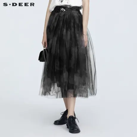 sdeer圣迪奥女装时尚网纱拼接水墨晕染压褶长裙S21261140图片