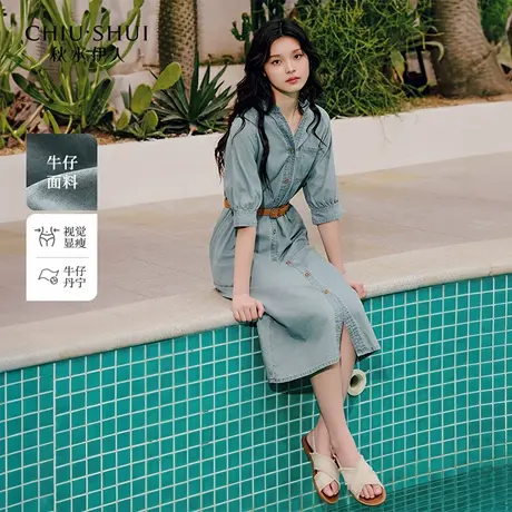 秋水伊人牛仔纯棉连衣裙2025夏季新款女装气质通勤立领中长连身裙图片