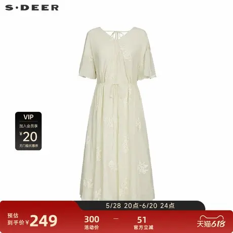 【淡人穿搭】sdeer圣迪奥文艺V领系带收腰绣花连衣裙S232Z12QN图片