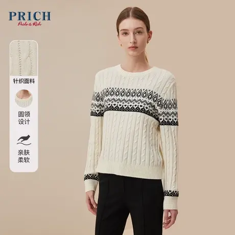 PRICH2023冬新款黑白撞色复古罗纹圆领修身套头针织衫女图片