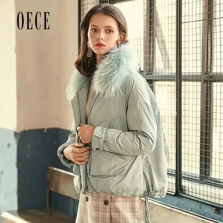 Oece秋冬装新款女装 暖萌少女貉子毛翻领甜美冰沙蓝短款羽绒服图片