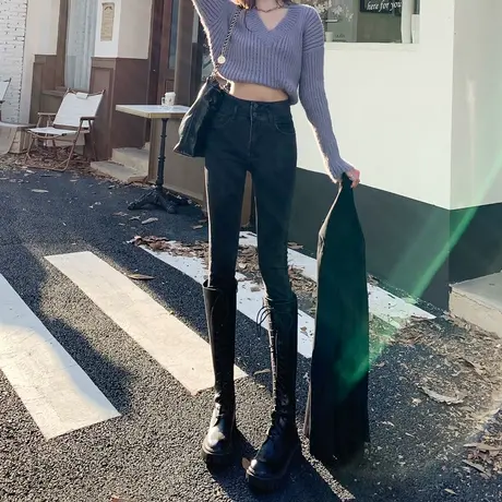 黑灰色高腰牛仔裤女2023年春秋新款修身显瘦显高紧身铅笔小脚裤子图片