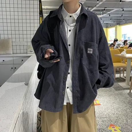 长袖衬衫男士秋季新款日系潮流工装衬衣春秋季宽松大码灯芯绒外套图片