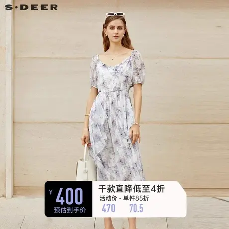 sdeer圣迪奥女装方领木耳边碎花泡泡袖连衣裙S232Z12BG图片