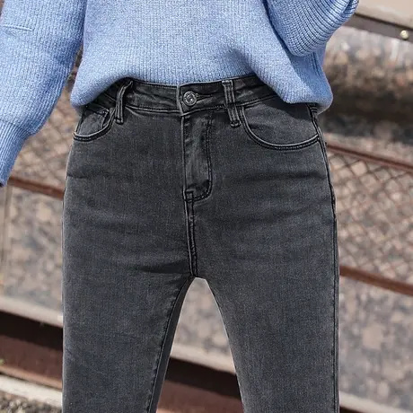 烟灰色牛仔裤女2023年新款秋季高腰加绒显瘦小脚九分弹力紧身长裤图片